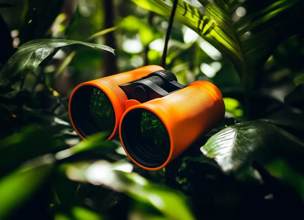 Organgefarbenes KI-Fernglas im üppigen Blätterdach eines Dschungels