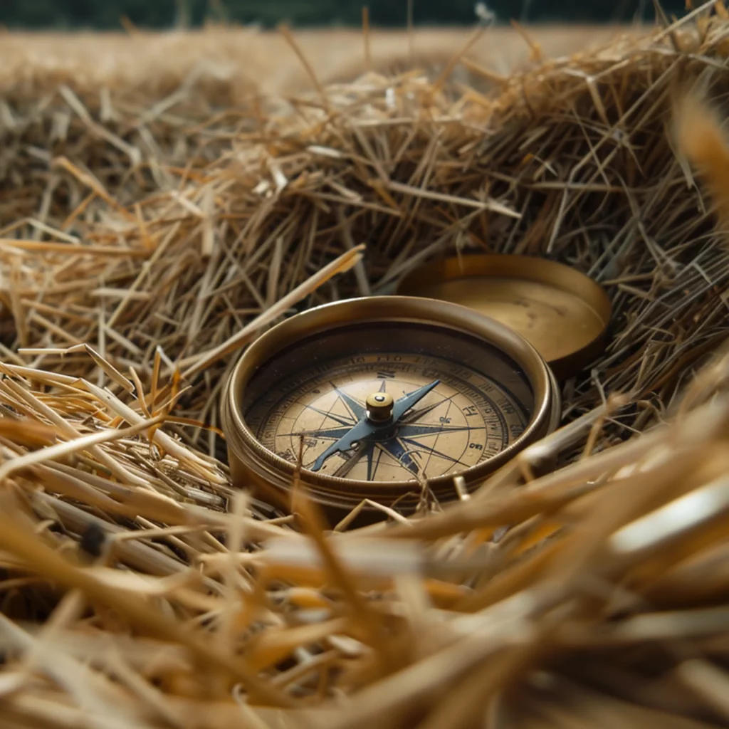Ein Kompass im Heu liegend (Nahaufnahme)